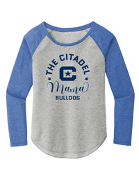 Load image into Gallery viewer, Mama Bulldog C Ladies Long Sleeve Tri-Blend Wicking Scoop Neck Raglan Tee-True Royal Heather/ Light Grey Heather

