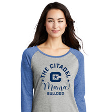 Load image into Gallery viewer, Mama Bulldog C Ladies Long Sleeve Tri-Blend Wicking Scoop Neck Raglan Tee-True Royal Heather/ Light Grey Heather
