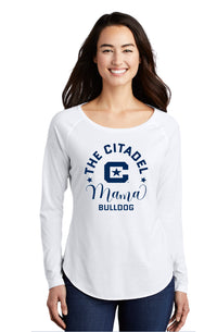 Load image into Gallery viewer, Mama Bulldog C Ladies Long Sleeve Tri-Blend Wicking Scoop Neck Raglan Tee- White
