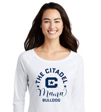 Load image into Gallery viewer, Mama Bulldog C Ladies Long Sleeve Tri-Blend Wicking Scoop Neck Raglan Tee- White
