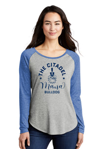 Load image into Gallery viewer, Mama Bulldog Spike Ladies Long Sleeve Tri-Blend Wicking Scoop Neck Raglan Tee-True Royal Heather/Light Grey Heather
