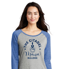 Load image into Gallery viewer, Mama Bulldog Spike Ladies Long Sleeve Tri-Blend Wicking Scoop Neck Raglan Tee-True Royal Heather/Light Grey Heather
