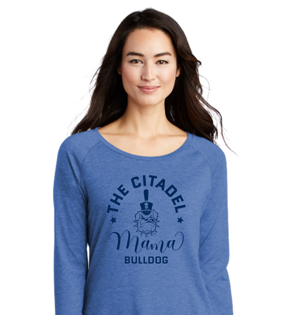 Mama Bulldog Spike Ladies Long Sleeve Tri-Blend Wicking Scoop Neck Raglan Tee-True Royal Heather