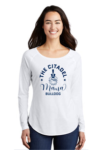 Load image into Gallery viewer, Mama Bulldog Spike Ladies Long Sleeve Tri-Blend Wicking Scoop Neck Raglan Tee-White
