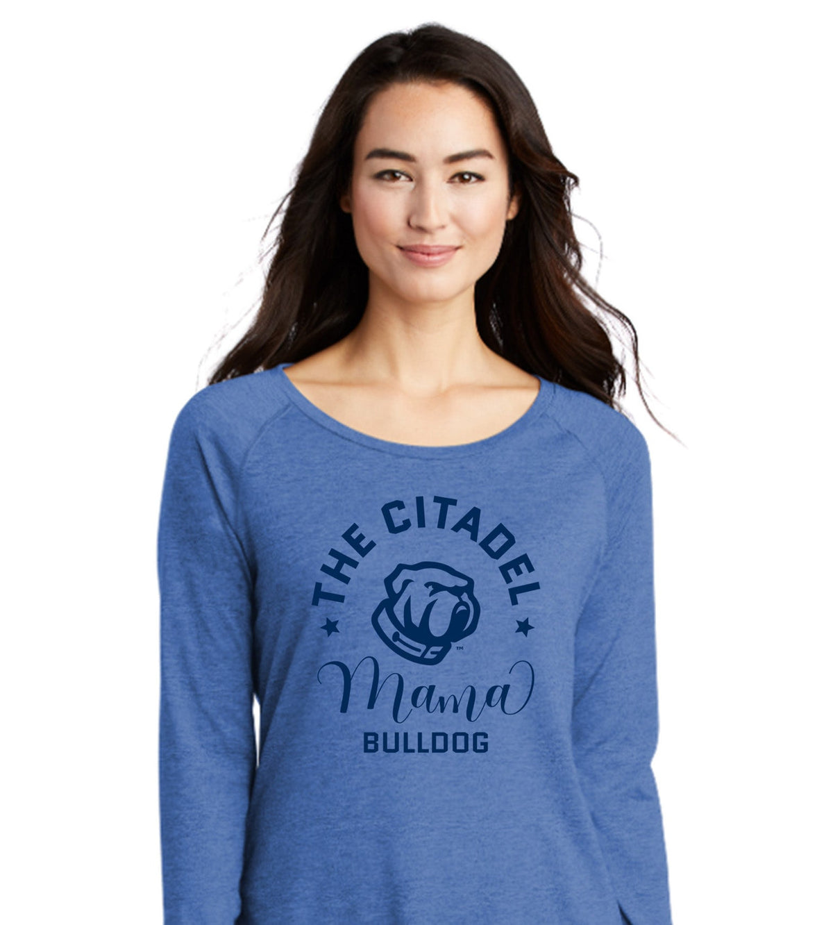 Mama Bulldog Spork Ladies Long Sleeve Tri-Blend Wicking Scoop Neck Raglan Tee-True Royal Heather