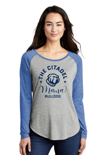 Load image into Gallery viewer, Mama Bulldog Spork Ladies Long Sleeve Tri-Blend Wicking Scoop Neck Raglan Tee-True Royal Heather
