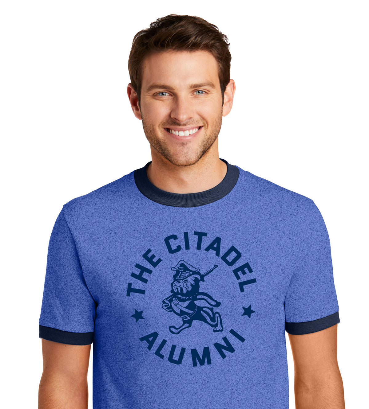 The Citadel Alumni Marching Bulldog Ringer Tee. Heather Royal-Navy