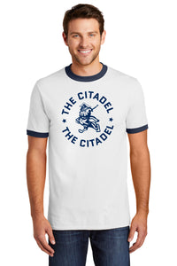 Load image into Gallery viewer, The Citadel Marching Bulldog and Stars Ringer Tee-White
