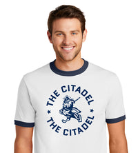 Load image into Gallery viewer, The Citadel Marching Bulldog and Stars Ringer Tee-White
