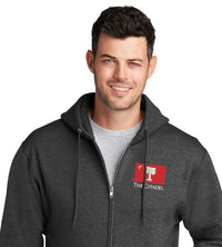 Load image into Gallery viewer, The Citadel Big Red Flag Core Fleece Full-Zip Hooded Sweatshirt-DarkHeatherGrey
