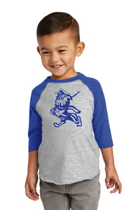 Load image into Gallery viewer, The Marching Bulldog Toddler Baseball Tee. Vintage Heather/ Vintage Royal

