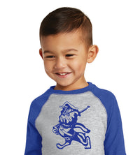 Load image into Gallery viewer, The Marching Bulldog Toddler Baseball Tee. Vintage Heather/ Vintage Royal
