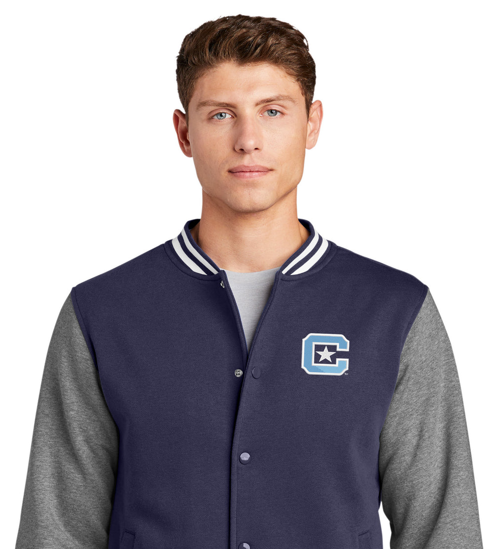 Block C Fleece Letterman Jacket- True Navy-Vintage Heather