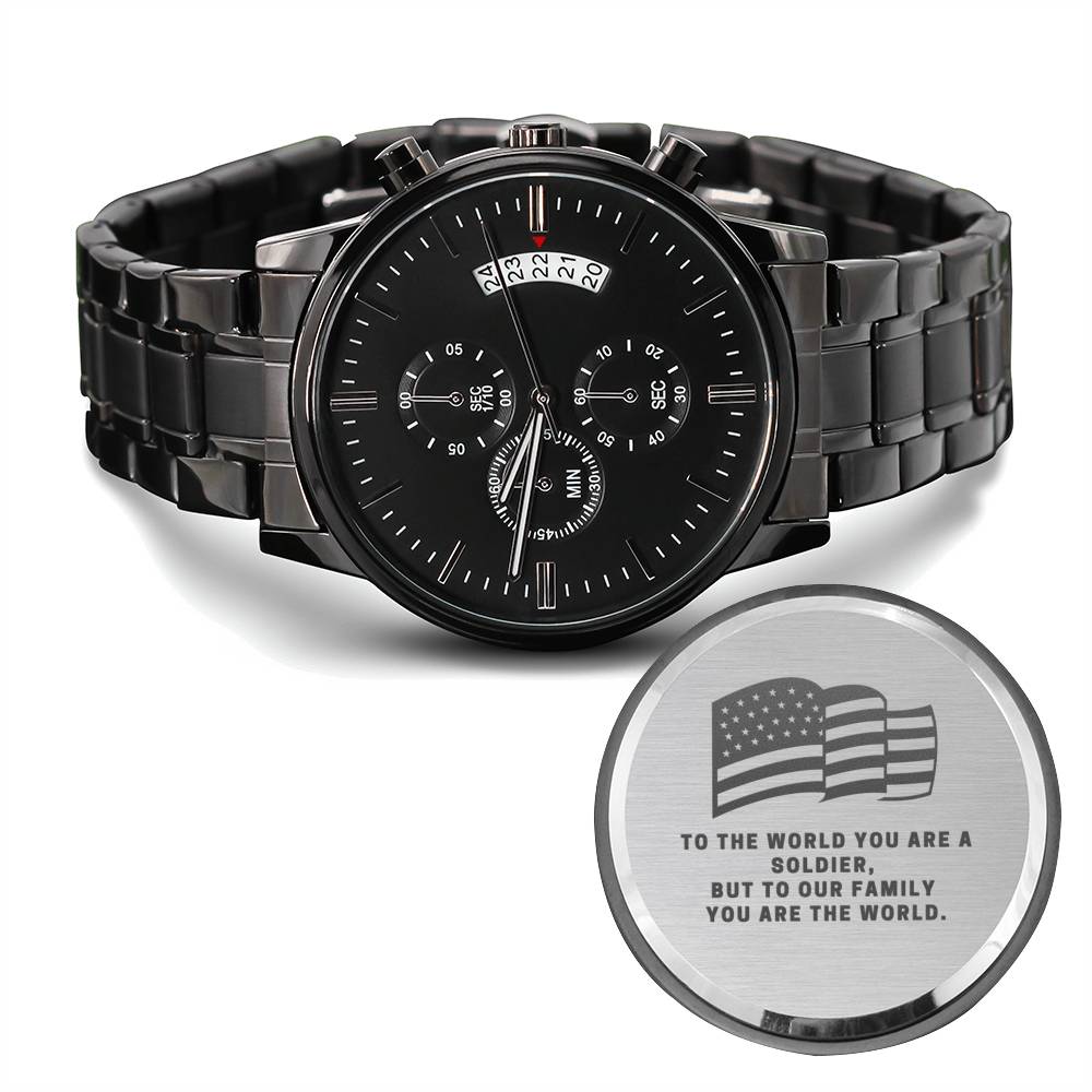 To The World You Are A Soldier Engraved Black Chronograph Watch